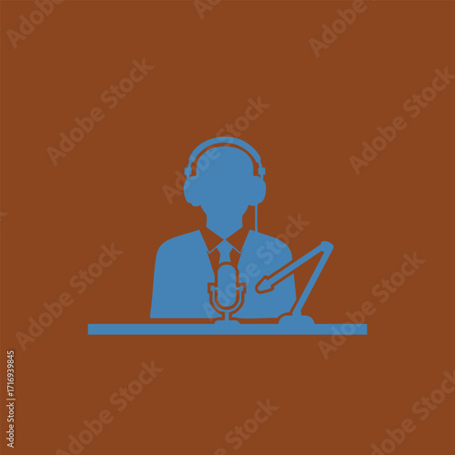 Blue silhouette of a person wearing headphones speaking into a microphone with a boom arm on brown background