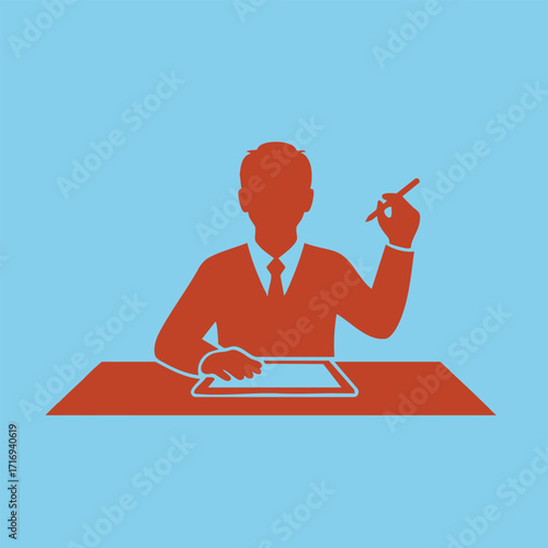 Silhouette of a professional man in a suit using a digital tablet and holding a pen in a business setting illustration