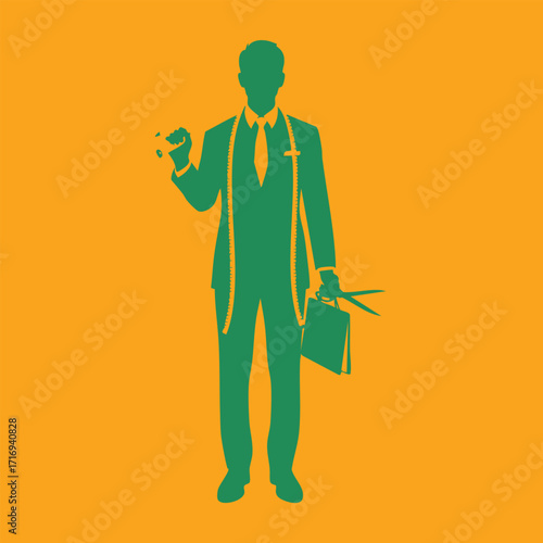 Silhouette of a professional tailor holding scissors and a measuring tape against an orange background