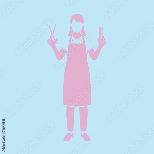 Silhouette of a hairdresser holding scissors and a comb wearing an apron on a light blue background