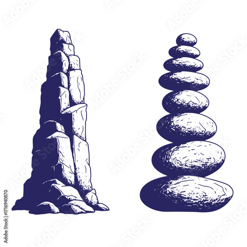 Hand drawn illustration of balanced stones and stacked rocks representing balance and harmony