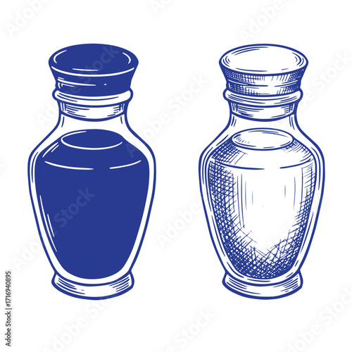 Hand drawn illustration of two antique perfume bottles in vintage retro engraving style
