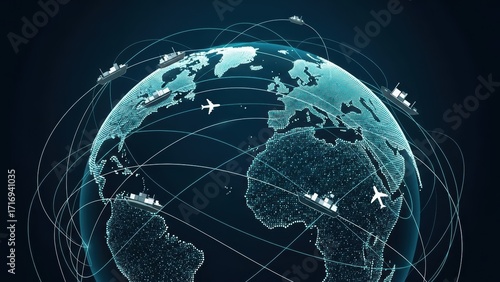 A digital representation of the globe showing global logistics and trade routes.