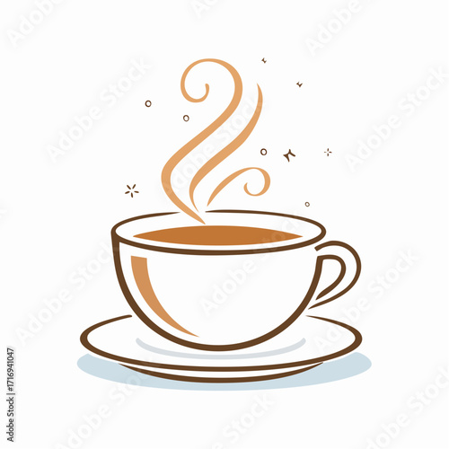 A simple, stylized illustration of a steaming hot cup of coffee or tea on a saucer, with elegant swirls of steam and sparkles.