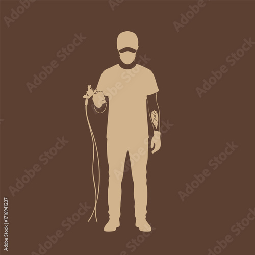 Silhouette of a man holding a heart model connected with tubes and displaying a heart tattoo on his forearm