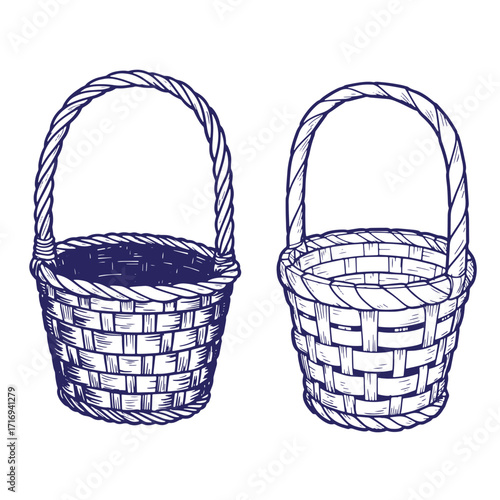 Hand drawn illustration of two wicker baskets with braided handles on white background