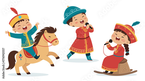 Joyful children in traditional mongolian attire, embracing cultural heritage with fun