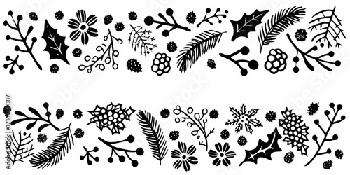 Black silhouette hand drawn winter botanical elements and snowflakes border design