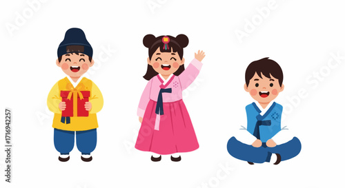 joyful children in colorful traditional Korean Hanbok