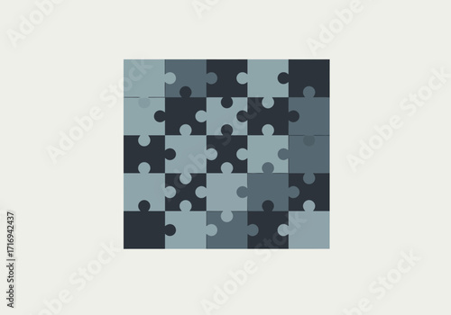 Completed Puzzle with Interlocking Pieces in Blue and Gray Tones.