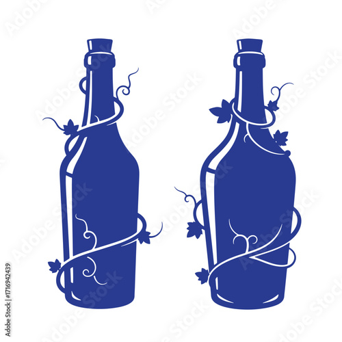 Silhouette illustrations of two wine bottles decorated with vine leaves and decorative lines