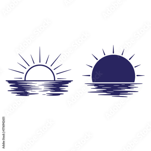 Simple stylized sunrise or sunset over water with radiant sun ray details illustrated
