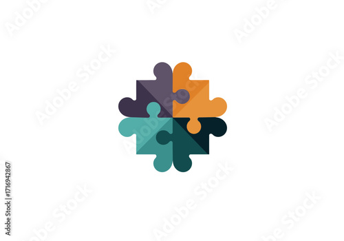 Interlocking Puzzle Pieces in Teal Orange Purple and Dark Green.