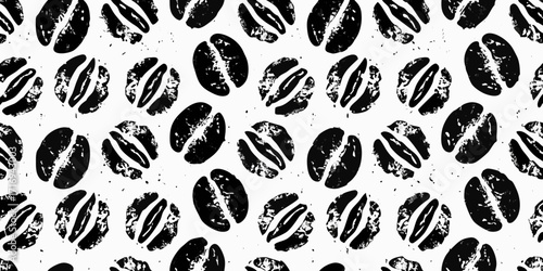 Seamless pattern of black coffee beans with a grunge texture on a white background