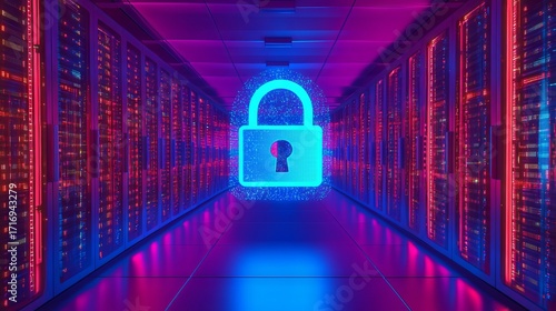 High-tech data center with glowing digital padlock symbolizing cybersecurity and data protection