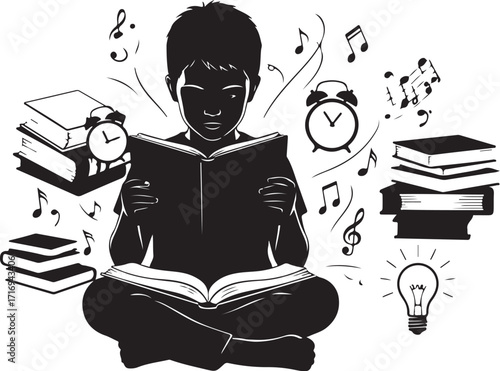 Child reads books surrounded by music ideas