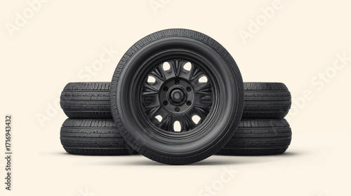 Black tires stacked, classic car wheel design.