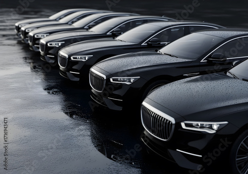 Black sedan cars standing in a row Fleet of generic modern cars Transportation Luxury car fleet consisting of generic brandless design isolated in dark background after rain wet surfac