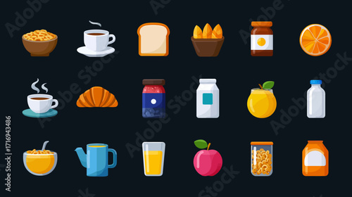 Breakfast food icons set coffee bread orange juice milk.