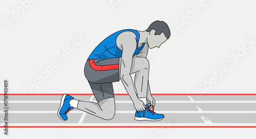 An illustration of a male runner kneeling on a track to tie his blue running shoe before a race.