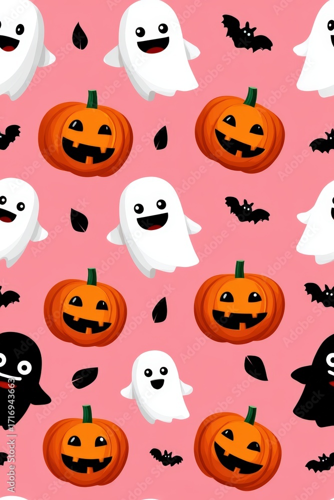 Fototapeta premium Cute Ghosts, Happy Pumpkins, and Bats on Pink Background Pattern