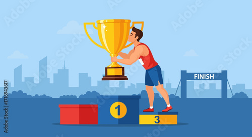 A victorious male athlete kisses his golden trophy on the first-place podium after a competition.