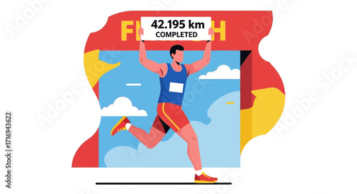An athletic man triumphantly crosses the finish line, holding a sign indicating 42.195 km completed, celebrating his marathon achievement.