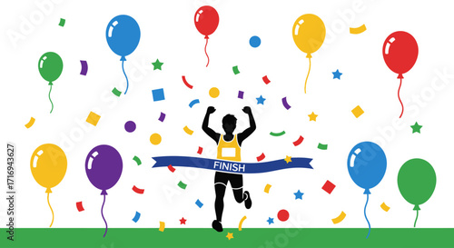 A triumphant runner breaks through the finish line tape amidst a celebratory explosion of colorful balloons and confetti, signifying victory and achievement.