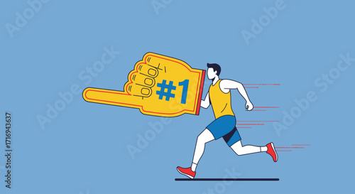 A male athlete sprints forward, motivated by a giant yellow number one foam hand.