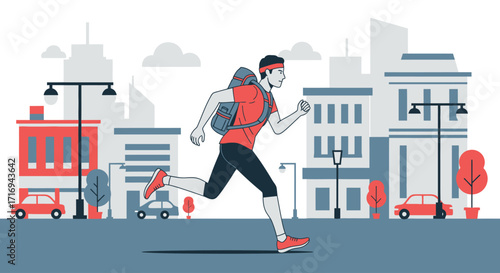 An athletic man with a backpack jogs through a stylized city street with buildings and cars.