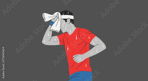 A man in athletic attire wiping sweat from his face after a workout, looking exhausted.