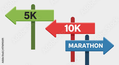 Colorful directional signs indicating distances for running events, 5K, 10K, and marathon.