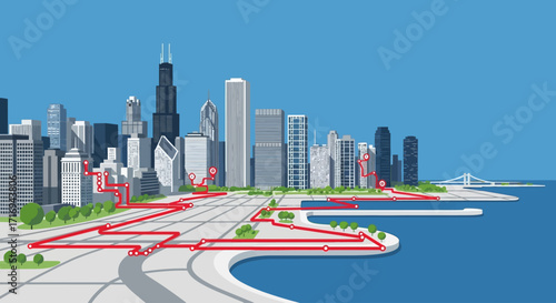 Chicago city skyline with a highlighted walking/cycling route along the lakefront.