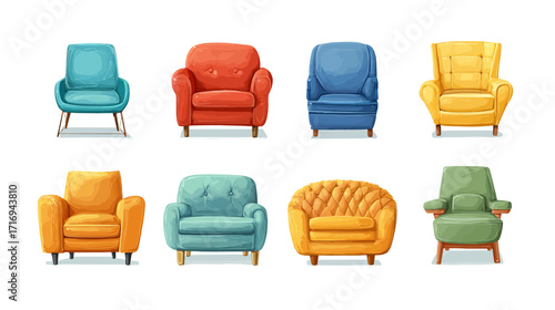 Collection of colorful armchairs and sofas.