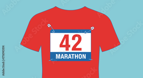 A red marathon t-shirt with a blue race number 42 attached.