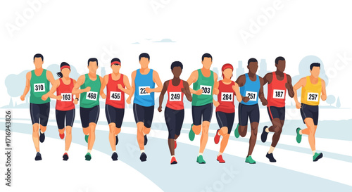 Diverse runners in a marathon, competing on a paved path, colorful running attire.