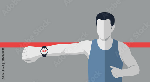 Man in athletic wear checking time on wristwatch, positioned near finish line.