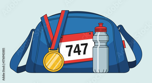 Blue running bag with medal, water bottle, and race number.