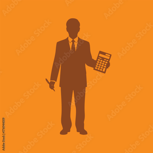 Silhouette of a businessman holding a calculator and pen on a solid orange background in professional attire