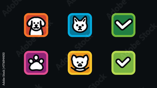 Collection of cute pet icons dog cat paw checkmark.