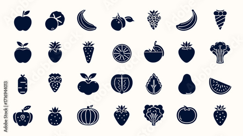 Collection of dark blue fruit and vegetable icons.