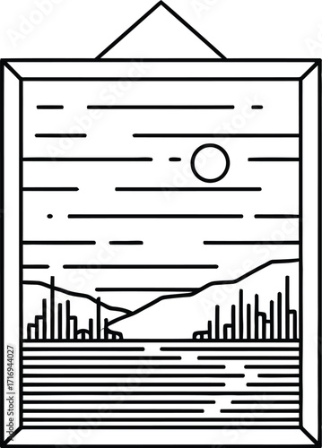 Minimalist framed landscape art featuring mountains water and sun in a simple line drawing style for modern home decor and serene wall art prints