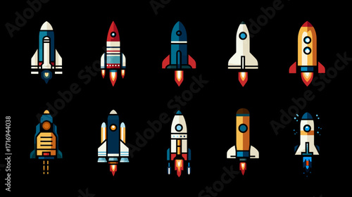 Collection of diverse rocket ship illustrations.