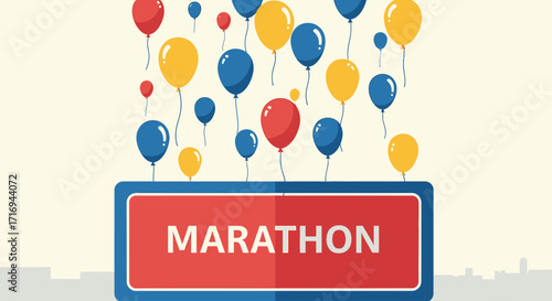 An illustration of a red 'MARATHON' sign with numerous red, blue, and yellow balloons floating above, symbolizing a celebratory event.