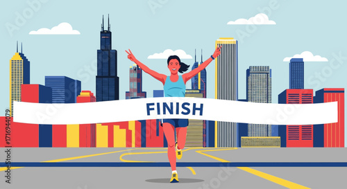 An illustration of a triumphant female runner breaking the finish line banner in a vibrant urban marathon setting.
