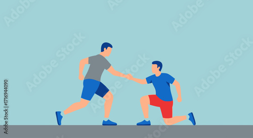 Two men in athletic wear reaching out to each other, one kneeling and one lunging, symbolizing support and assistance.