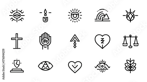 Collection of minimalist religious and spiritual symbols.