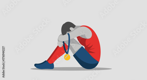 A defeated athlete sits with head in hands, wearing a medal, expressing disappointment after a competition loss.