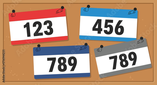Four colorful calendar pages displaying different numerical sequences pinned to a corkboard.