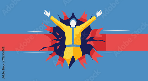A person in a yellow jumpsuit breaks through a blue wall, symbolizing success and overcoming obstacles.